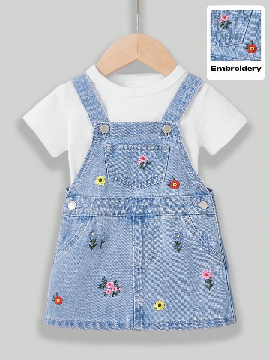 SHEIN Váy yếm denim xanh thêu hoa cho bé gái, váy hoa đồng quê cho bé gái, trang phục lễ hội đi biển cho bé gái - Rửa nhẹ - Xem 1