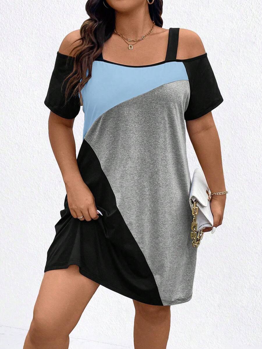 大码女式拼色露肩短袖休闲连衣裙 - 彩色 - 查看 1