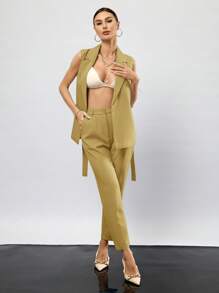 Aveloria Modichic Lapel Neck Belted Vest Blazer & Pants  - Yellow - View 5