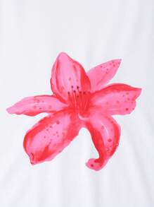 2pcs/Set Teen Girls Casual Floral Print White T-Shirt And Rainbow Stripe Pants Set - White - View 4