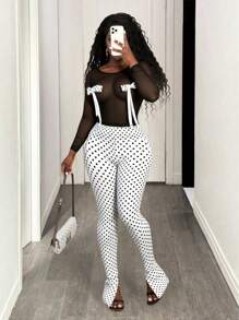 BamGleam 2pcs/Set Women Sexy Date Outfit Mesh Bow Short Cropped Long Sleeve Tee And Retro Polka Dot Flared Slit Pants - Black and White - View 1