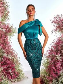 Glamrae Elegant, Romantic, Dignified, Summer Satin Sequined Material Stitching Bow Slim Waist Back Slit Midi Dress, Festival, Music Festival, Vacation, Date, Wedding Event, Prom, Cocktail Dress, Party Dress, Wedding Guest Dress - Green - View 7