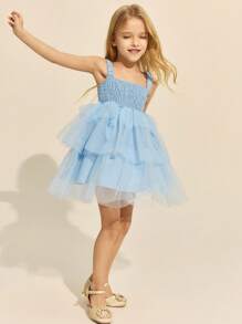 SHEIN Young Girls' Elegant Pink & Blue Mesh Fitted Sleeveless Dress, Spring/Summer - Blue - View 3
