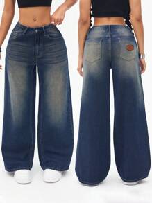 SHEIN ICON Jeans de pierna ancha y lavado vintage para mujer