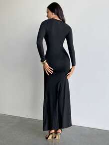 Aloruh 拼接长袖修身收腰迷你连衣裙，性感别致 - 黑色 - 查看 2