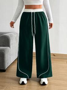 Flirla Plus Size Vintage Color Blocking Drawstring Waist Loose Casual Pants Fall Cloth For Women - Dark Green - View 6