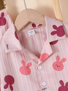 2 件套女孩少女可爱兔子印花短袖上衣和长裤休闲舒适睡衣套装 - 粉色 - 查看 3