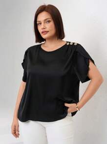 SHEIN Clasi Áo sơ mi tay ngắn màu trơn cỡ lớn, thời trang tối giản cho mùa hè - màu đen - Xem 5