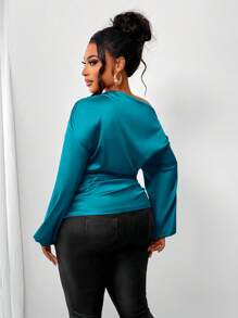 SOLERSUN Women's Solid Color Asymmetric Collar Lantern Sleeve Elegant Side Drawstring Shirt, Spring & Summer One Shoulder Top - Teal Blue - View 2