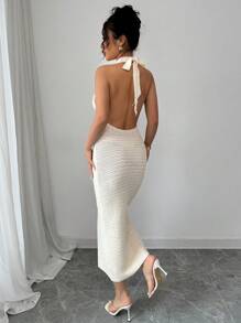 Calvaya Robe tricotée élégante et sexy avec décoration florale 3D, dos nu, encolure en V