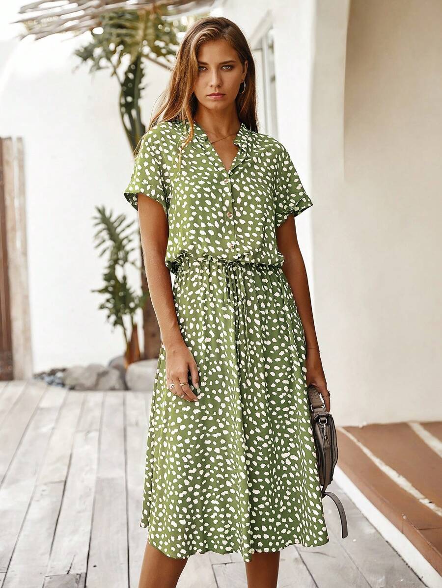 Breezaya Dalmatian Print Drawstring Waist A-Line Dress Maxi Vacation Beach Outfits Women