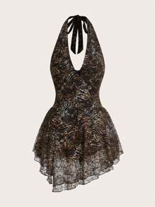 SHEIN ICON Women's Spring Summer Fashionable Club Women Outfits Going Out Outfits Animal Print Lace Backless Mini Halter Sexy Mini Dress - Multicolor - View 2