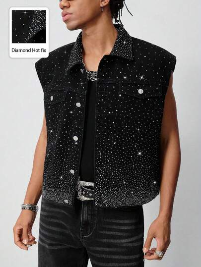 Street Life Men's Rhinestone Decor Front Button Sleeveless Pocket Casual Denim Top