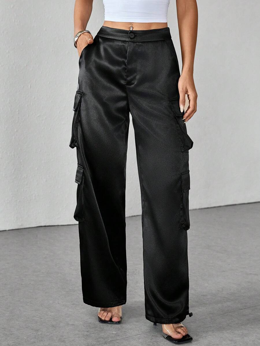 SHEIN PETITE Streetwear Spring Festival Clothing Satin Work Pants Women Trousers With 3D Pockets