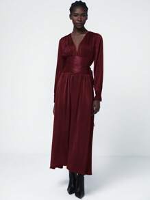 Aveloria Modichic Elegant Deep V-Neck Waist Cinched Waist Ruffle Hem Long Sleeve Dress For Women, Spring Outfit Fall Cloth For Women