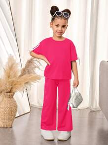 Conjunto de 2 piezas de camiseta suelta de punto de cuello redondo de unicolor y pantalones de pierna ancha para niña joven - Rosa Fucsia - Ver 4