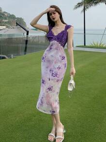 DAZY 新款春季女式长款印花连衣裙，采用色块和花卉图案，适合初次约会婚礼女装 - 紫色 - 查看 4
