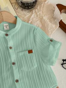 SHEIN Bộ quần áo và quần short thoải mái thoáng khí cho bé trai LMoss Kids - Màu xanh Bạc hà - Xem 5