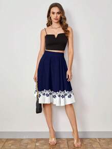 SHEIN Clasi 浪漫蓝色花卉印花女式简约A字裙，适合夏季女士服装夏季 - 藍白色 - 查看 3