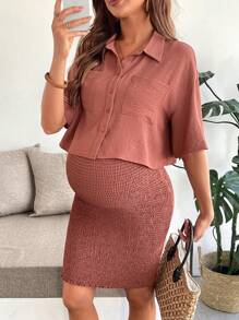 SHEIN Set de maternidad de 2 piezas: camisa de manga larga de unicolor y falda tipo A, moda minimalista, apta para el verano