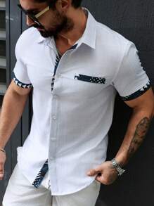 Manfinity Homme Men's Solid Color Patchwork Button Front Short Sleeve Casual Pocket Top