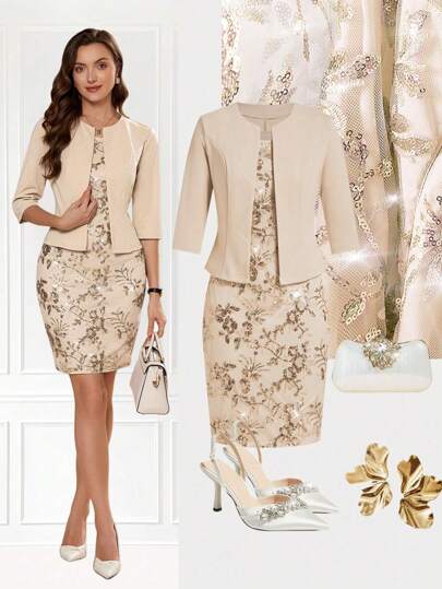 Ellevyn Curvy Plus Size 女式杏色纯色优雅长袖夹克和闪亮亮片刺绣连衣裙两件套，女士服装套装，女士套装，女士配套套装，2 件夏季套装，裙子和上衣套装