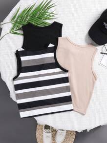 Conjunto de 3 peças Regatas Casuais, Confortáveis, da Moda e Versáteis, Respiráveis, com Listras e Cores Sólidas, para Meninos, para Primavera e Verão