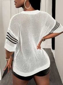 BamGleam Spring New Tennis Style V-Neck Color Block Embroidered Hollow Long Sleeve Knit Sweater For Women - White - View 2