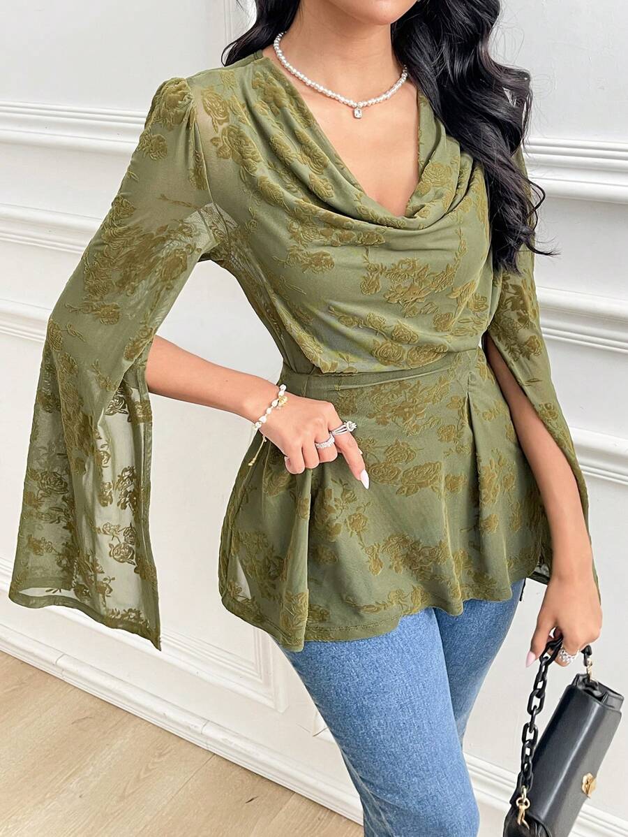 Modelyn Floral Flocked Ribbed Collar Fitted Women T-Shirt, Casual, Summer For Women - Green - View 1