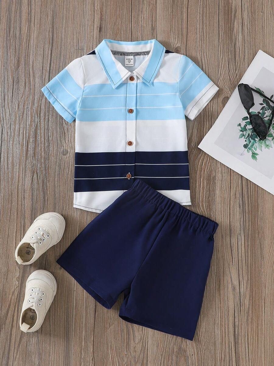 SHEIN 2件套男童条纹短袖单排扣衬衫和短裤套装 - 寶藍色 - 查看 1