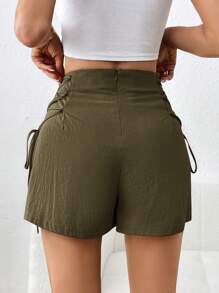 SHEIN Essnce Pantalones cortos de verano casuales de mujer hechos de algodón y lino con nudo lateral en forma de A