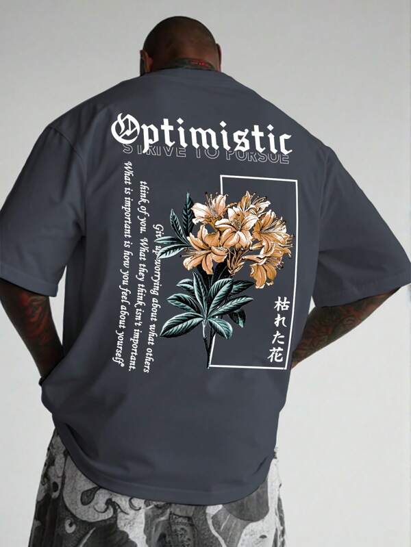 Manfinity LEGND Camiseta casual de manga corta de ajuste slim con estampado de lema y floral para hombres de talla grande, camisas de hombre, camisas urbanas, camisetas gráficas
