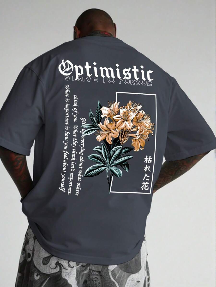 Manfinity LEGND Camiseta casual de manga corta de ajuste slim con estampado de lema y floral para hombres de talla grande, camisas de hombre, camisas urbanas, camisetas gráficas