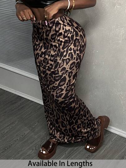 SHEIN Tall CURVE Falda larga casual con estampado de leopardo y cintura elástica para mujer talla grande, primavera