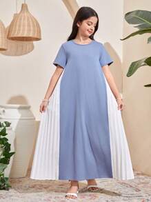 Tween Girls' Knit Solid Seam Patching Pleated Casual Dress, Suitable For Spring/Summer, Casual Outing, Back To School, Smoky Blue - Dusty Blue - View 5