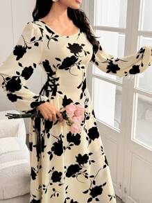 Mulvari Round Neck Lantern Sleeve Floral Print Draw Cord Side Abayas Dress,Modest - Apricot - View 3