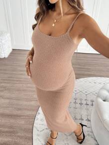 SHEIN 纯色孕妇连身衣 - 卡其色 - 查看 4