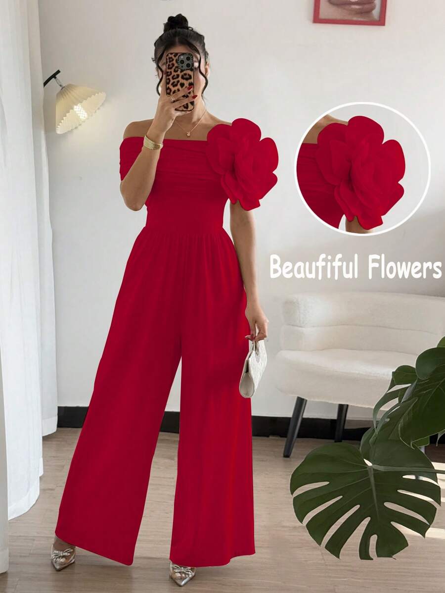 Rafferiza Elegant Sexy 3D Flower Design Off Shoulder Wide Leg Jumpsuit For Women - Red - View 1