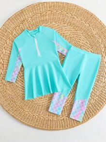 SHEIN 2pcs Baby Girls Cute Fish Scale Pattern Long Sleeve Rash Guard & Pants Swimsuit Set - Green - View 4