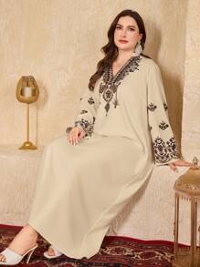 Al Najma Plus Size Women Floral Print V-Neck Long Sleeve Arabian Dress,Modest