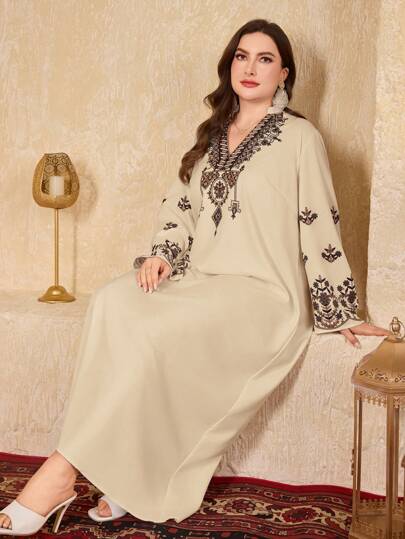 Al Najma 大码女式花卉印花 V 领长袖阿拉伯连衣裙，端庄