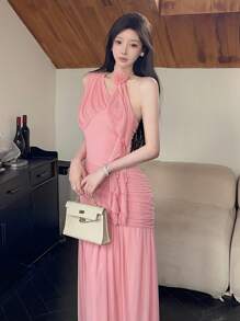 Modelyn Vestido de fiesta elegante para mujer con un hombro, pliegues, adorno de flor 3D y volantes