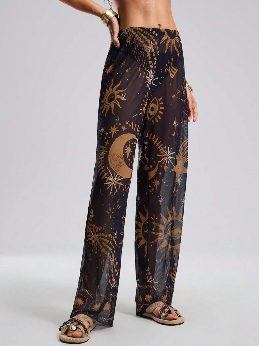 SHEIN Swim Women Moon & Star Print Long Pants & Coverall - Black - View 1
