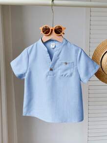 SHEIN LMoss Kids 1 件装年轻男孩休闲韩版立领半扣宽松短袖编织衬衫 - 藍色 - 查看 6