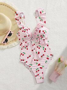 Swim Mod Summer Vacation Sexy Cherry Ruffle Hollow Back One-Piece Swimsuit For Women - Multicolor - View 2