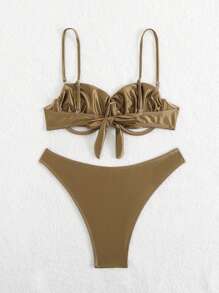 Swim SXY New Spaghetti Strap Criss-Cross Back Sexy Green Shimmer Women Swimwear Set For Summer Beach Vacation - Brown - View 2