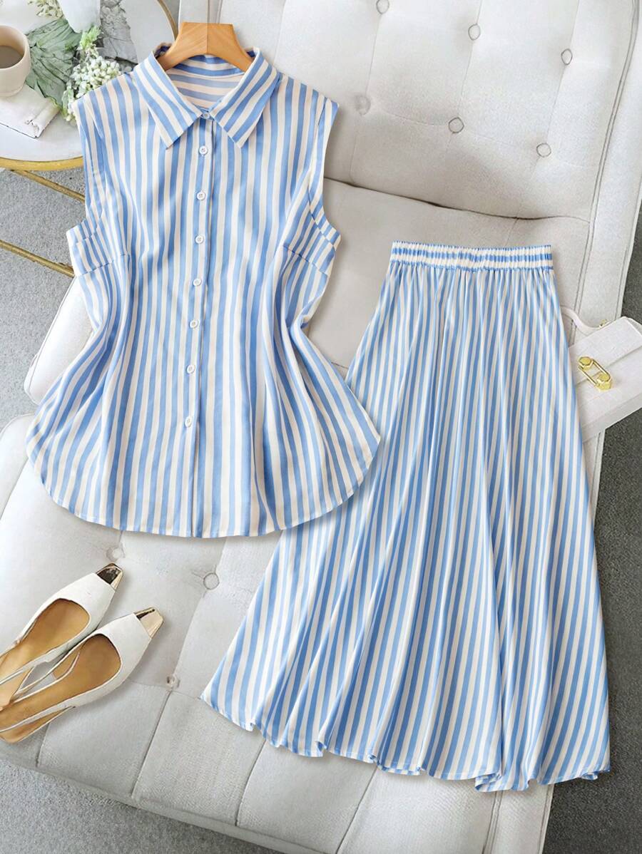 Calvaya Elegantes gestreiftes Rock-Outfit für Damen in Große Größen - Blau-Weiß - Übersicht 1