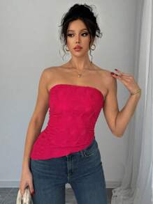 Chiquease Women Plain Textured Asymmetrical Camisole Top - Hot Pink - View 5