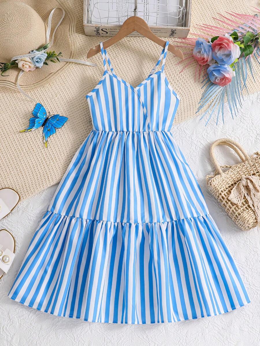 SHEIN Tween Girls Simple Style Navy & White Stripe V-Neck Suspender Flared Dress, Beach Wear Suitable For Summer - Blue and White - View 1