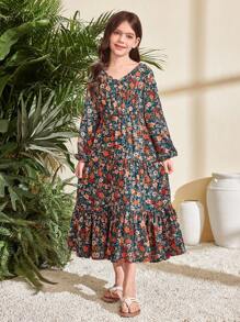 SHEIN Vestido elegante de manga larga con escote en V, cintura ajustada y estampado floral pequeño para niña preadolescente. Vestido de largo midi, color verde, estilo campestre, estilo casual de vacaciones. Conjunto a juego para mamá e hija.